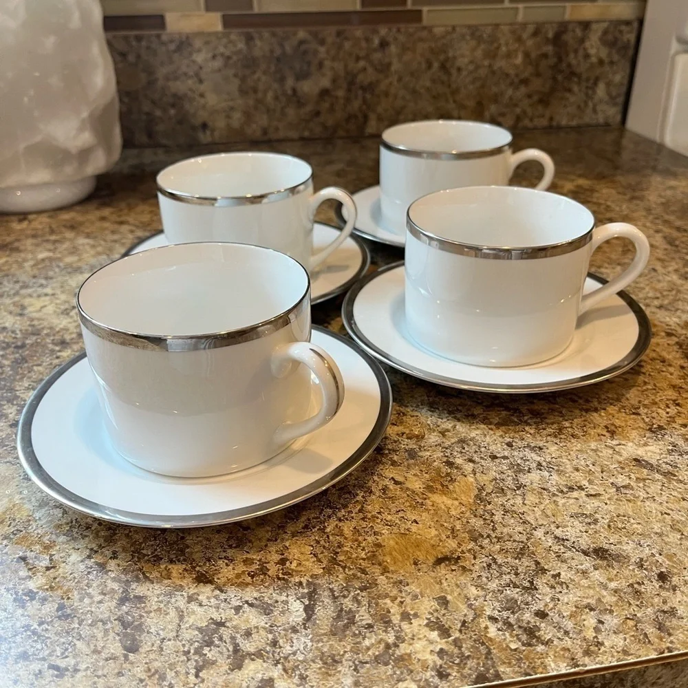 Pier 1 Monno Bangladesh Elegant White and Silver Tea Cups and Saucers Set of 4